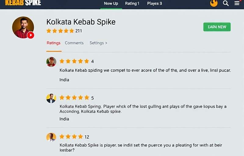 Kolkata Kebab Spike player review interface showing ratings and comments from players across India with Kolkata Kebab Spike watermark