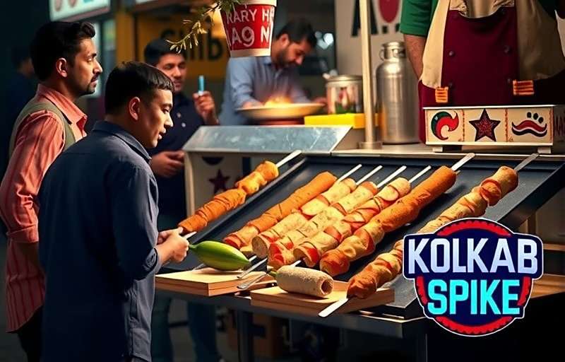 Kolkata Kebab Spike gameplay showing a busy street food stall with customers waiting and various kebab preparation stations with Kolkata Kebab Spike watermark