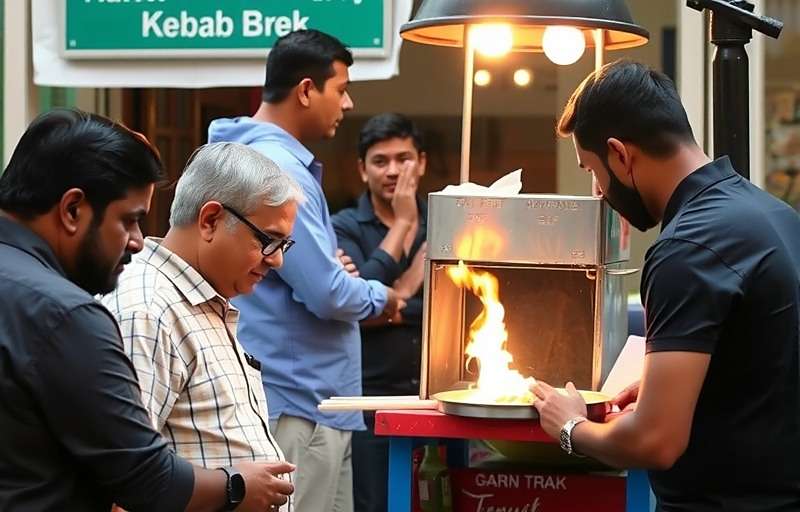 Kolkata Kebab Spike diverse customers including office workers, students, and tourists interacting with vendor with Kolkata Kebab Spike watermark