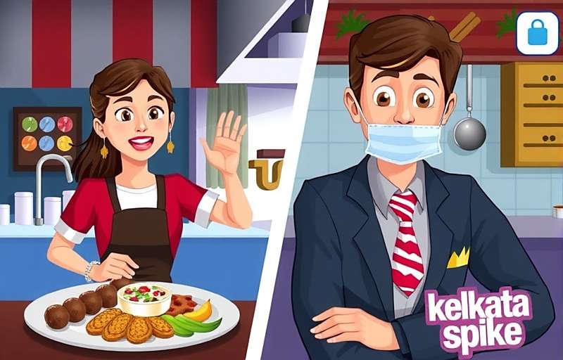 Kolkata Kebab Spike final gameplay screenshot showing a successful restaurant with happy customers and various kebab dishes with Kolkata Kebab Spike watermark